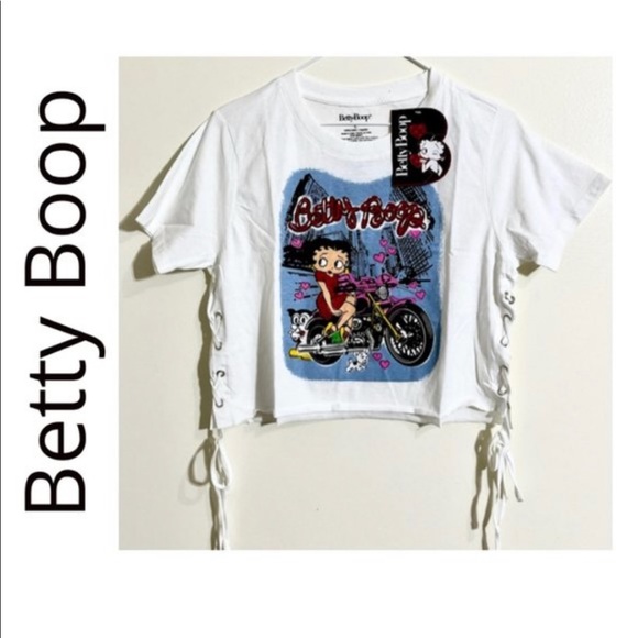 💥SOLD in store💥 Betty Boop Biker Babe Lace-Up Crop Top Size Large - Picture 12 of 12